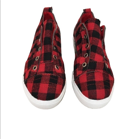 New Women’s Sneakers Red & Black Plaid Slip On Laceless Textile Upper Cushioned - Picture 5 of 10